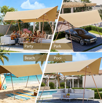 Hexagonal Shade Sail Canopy, Large 206"x118" UV Block Sun Shade with UPF 50+, Waterproof High-Density Polyester Fabric, Brown Rust-Resistant Poles & Built-in Hooks for Patio Backyard – Light Khaki image 10