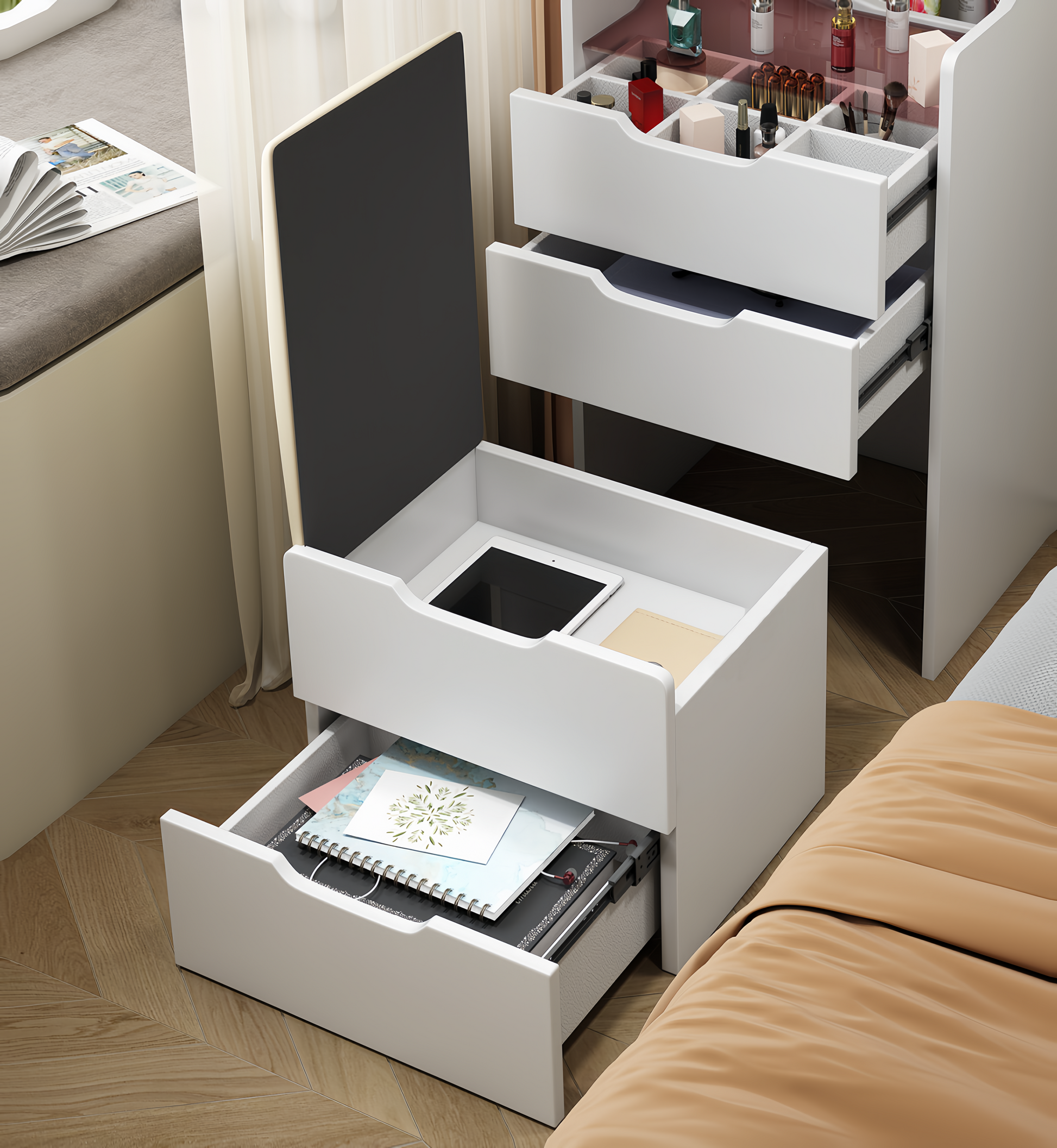 (48CM) 3 in 1 Vanity Desk with Plip Top Mirror, Small Make Up Vanity Set with Visible Glass Desktop, Compact Makeup Vanity with 3 Drawers, Dressing Table for Bedroom (WHITE COLOR) image 5