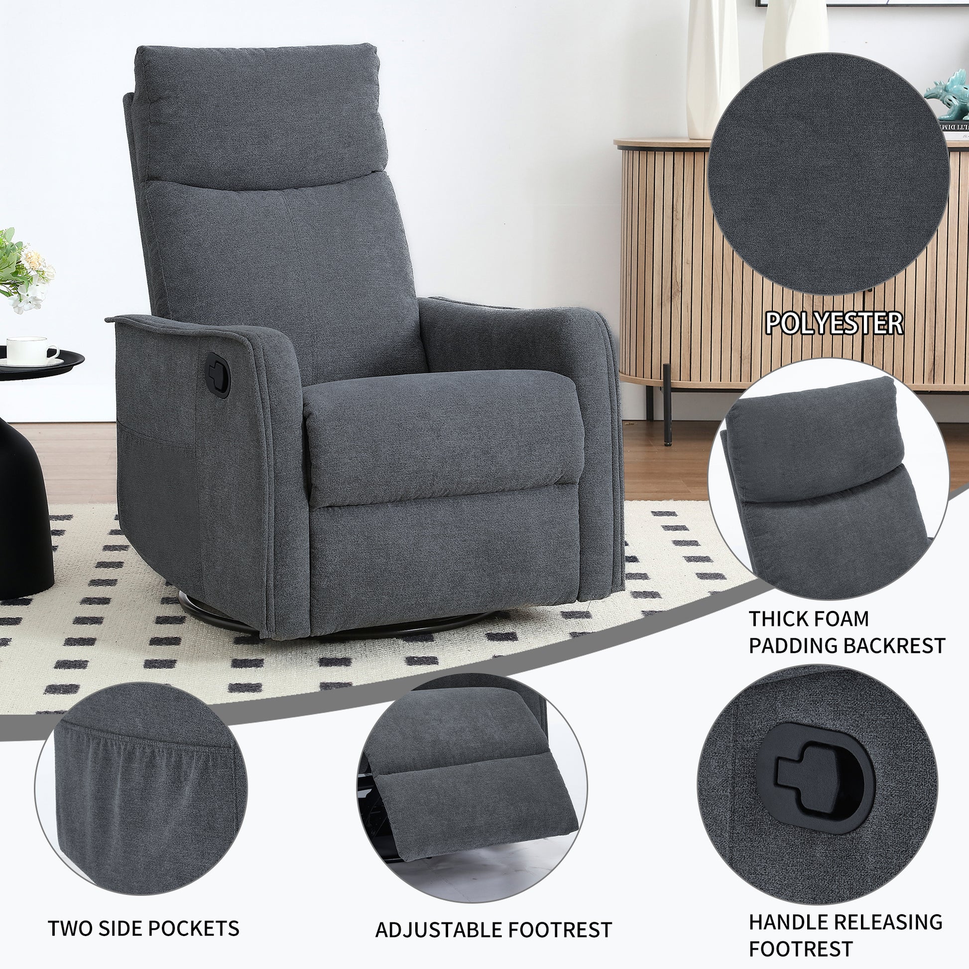 Heat Massage Manual Recliner Chair with Rocker and Swivel in Fabric for Living Room, Grey image 10
