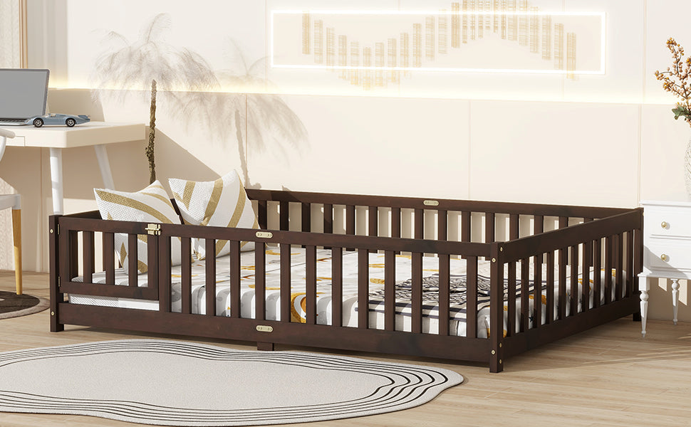 Full Size Floor Bed with Fence and Door,Rubber Wood Floor Bed with Safety Guardrails,Espresso (Old Sku W504P286381) image 9