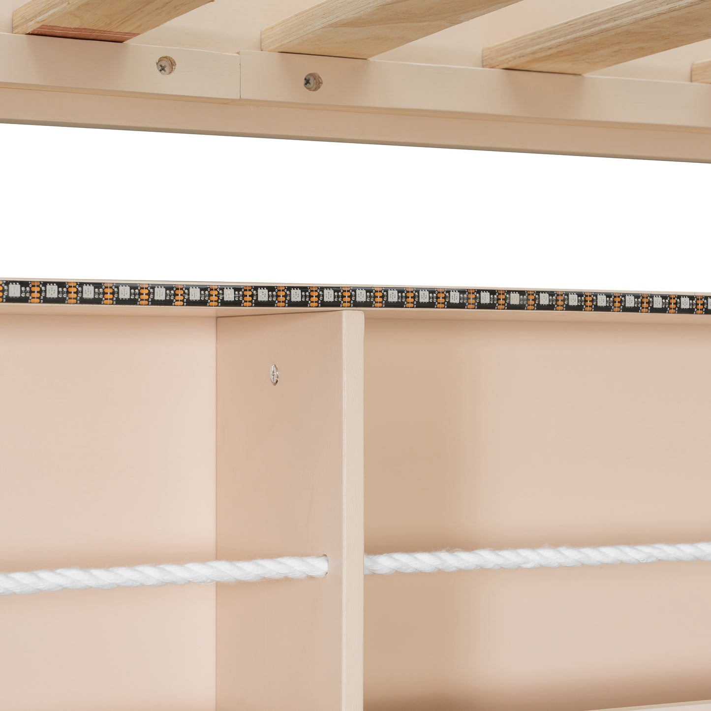Full over Full Bunk Bed with Integrated Shelving, Color-Changing Lights and Pegboard, Beige image 4