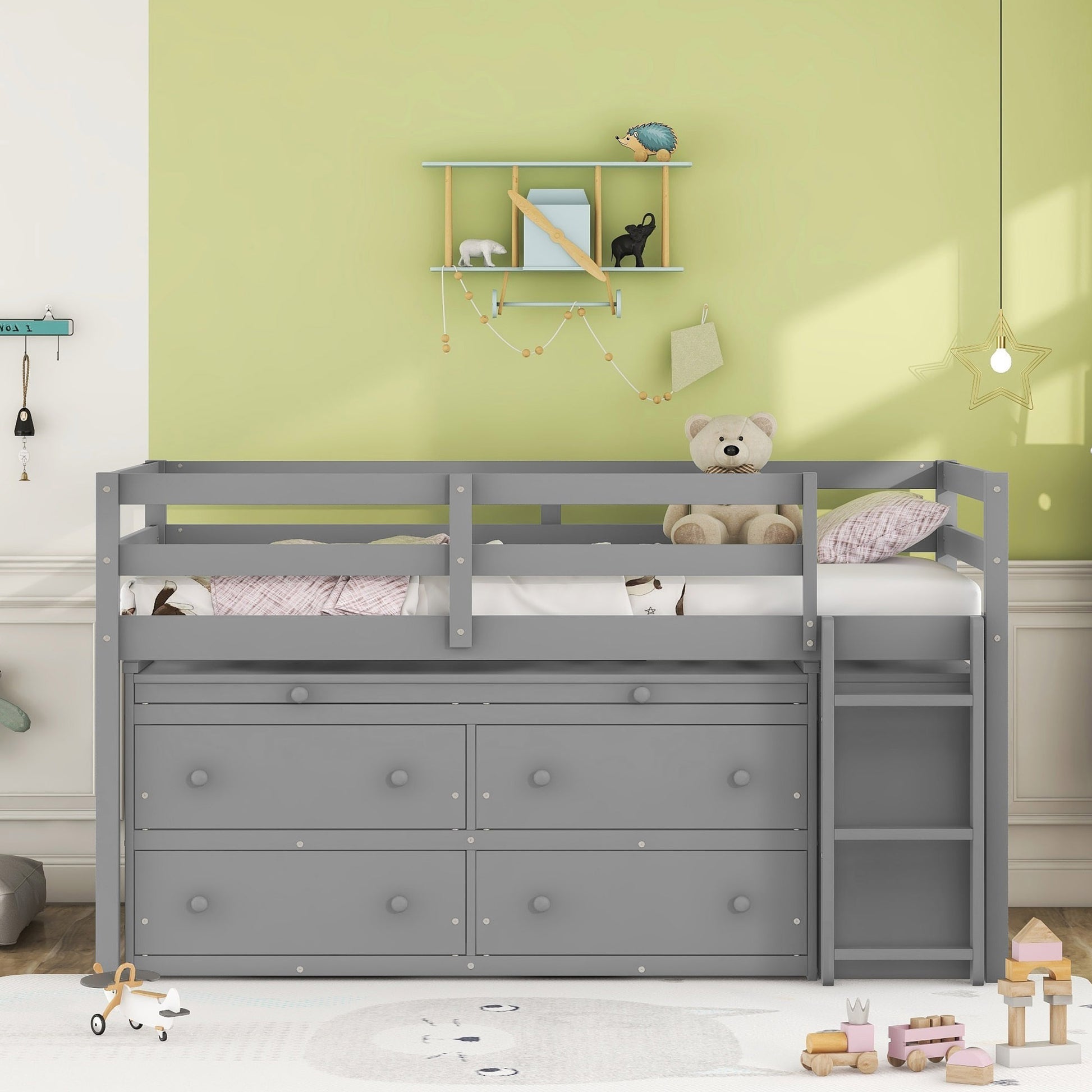 Twin Size Loft Bed with Retractable Writing Desk and 4 Drawers, Wooden Loft Bed with Lateral Portable Desk and Shelves, Gray image 2