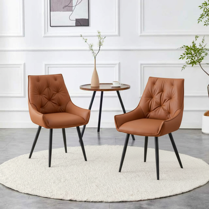Dining Chairs Set of 2, Camel Faux Leather Dining Room Chair, Metal Kitchen Chairs with Gold Mesh Texture and Black Sanded Legs, Flat Back Upholstered Chair (Camel, Set of 2) image 1