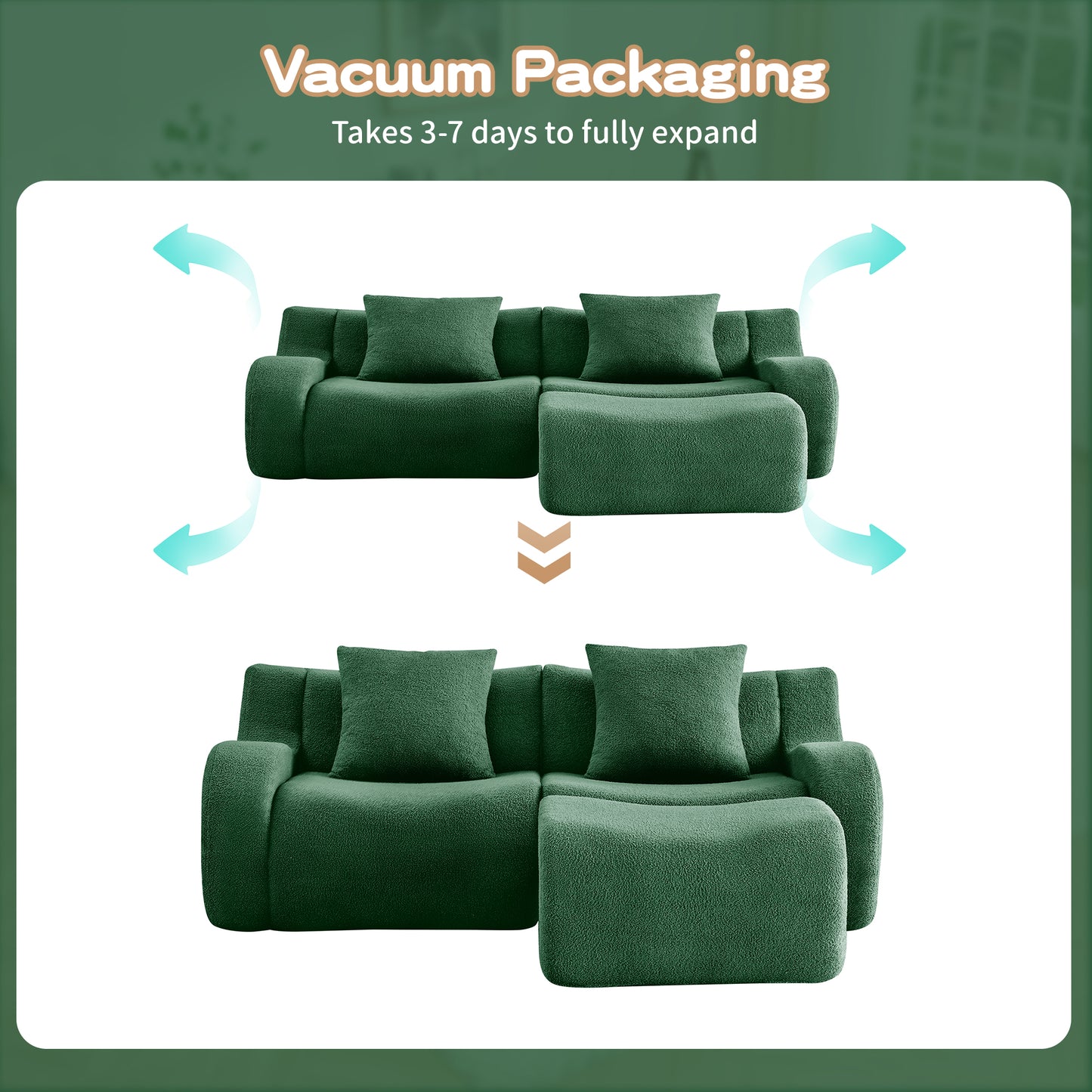 L-Shaped Teddy Fabric 2-Seat Boneless Sofa,No Assembly Required Curved Armrest,Streamlined Design Ergonomic Design,32D High Density Sponge For Living Rooms Rest Areas Bedroom,Green image 9