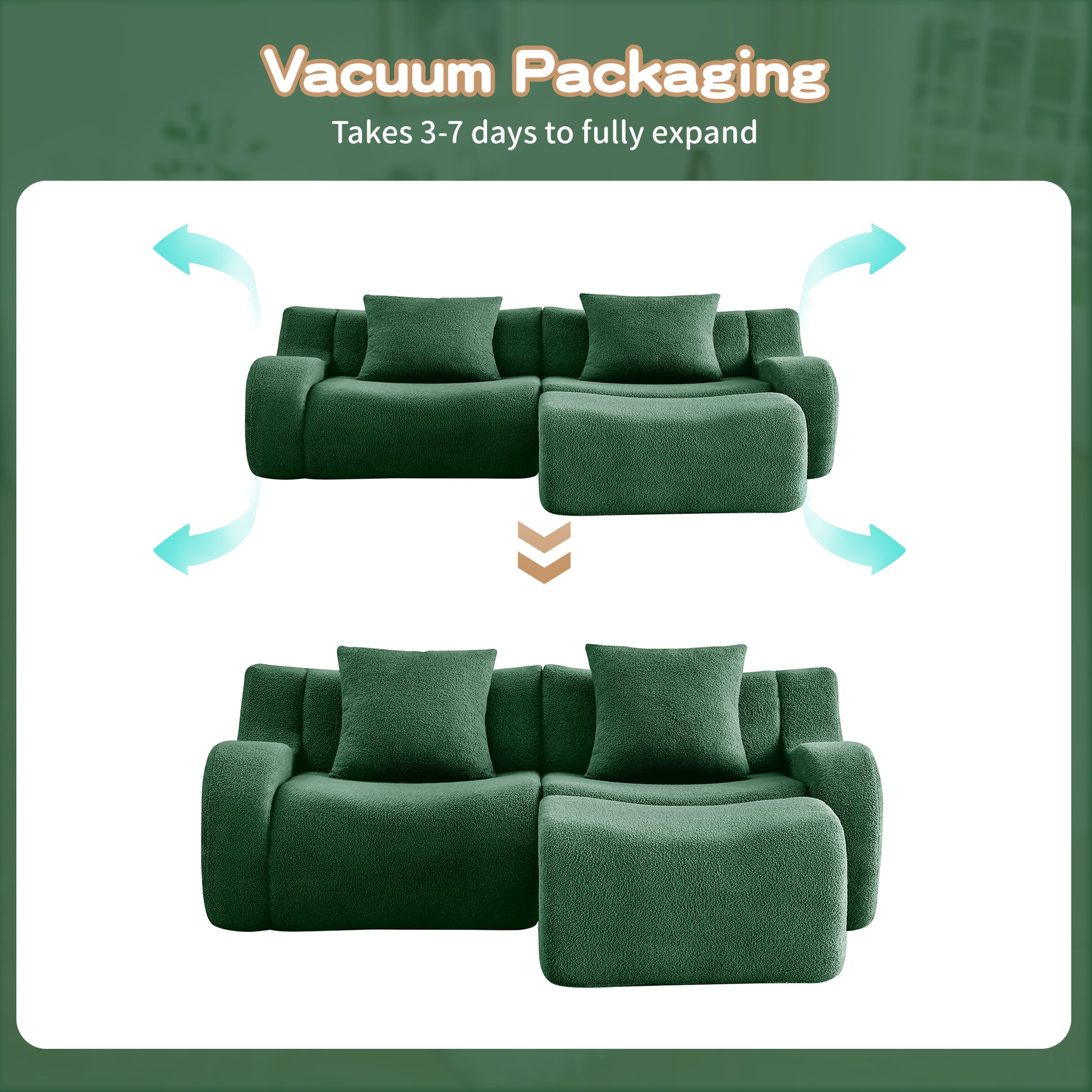 L-Shaped Teddy Fabric 2-Seat Boneless Sofa,No Assembly Required Curved Armrest,Streamlined Design Ergonomic Design,32D High Density Sponge For Living Rooms Rest Areas Bedroom,Green image 9