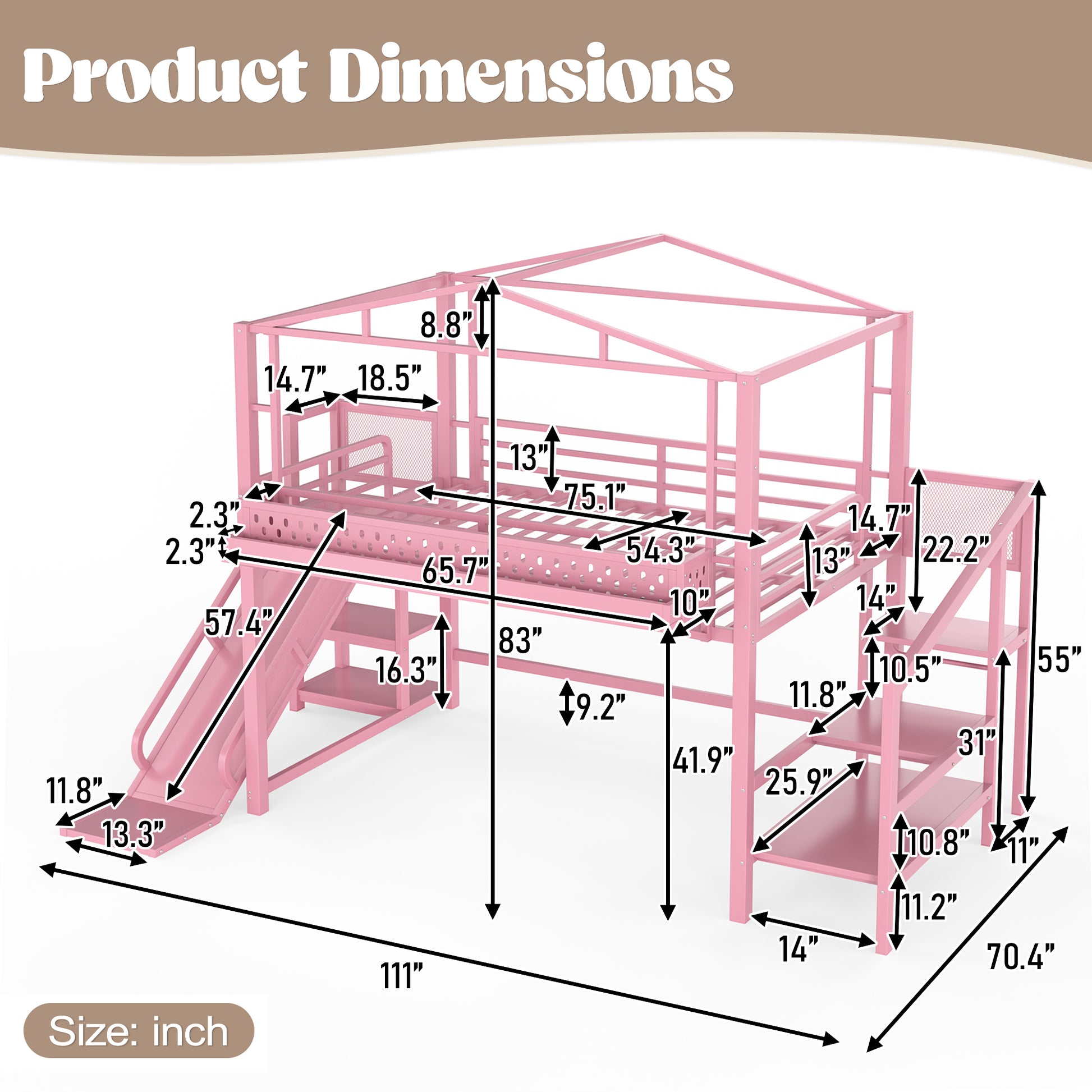 Full Size Loft Bed with Storage Stairs, Shelves and Built-in Wardrobe, Metal Loft Bed Frame with USB Ports and LED Lights, Noise-reduced Design, Pink image 6