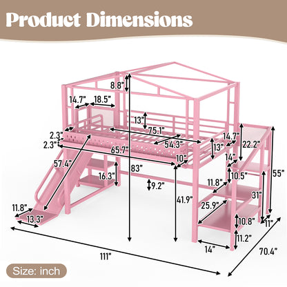 Full Size Loft Bed with Storage Stairs, Shelves and Built-in Wardrobe, Metal Loft Bed Frame with USB Ports and LED Lights, Noise-reduced Design, Pink image 6