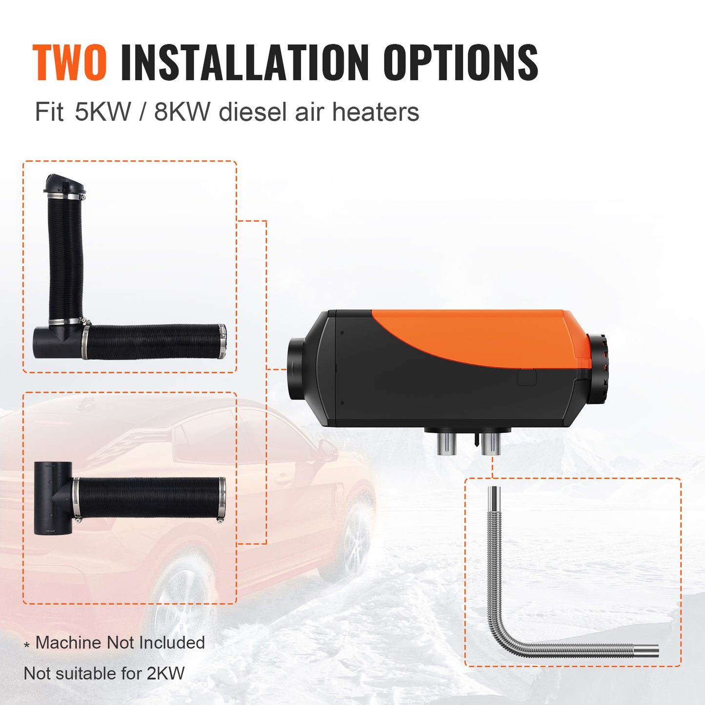Diesel Heater Pipe Ducting Set, 3" Extendable Air Duct Hose, 1" Stainless Steel Exhaust Pipe, 2 Air Vents, Tee Air Outlet Connector and Hose Clamps, for 5KW/8KW Diesel Parking Heaters image 4