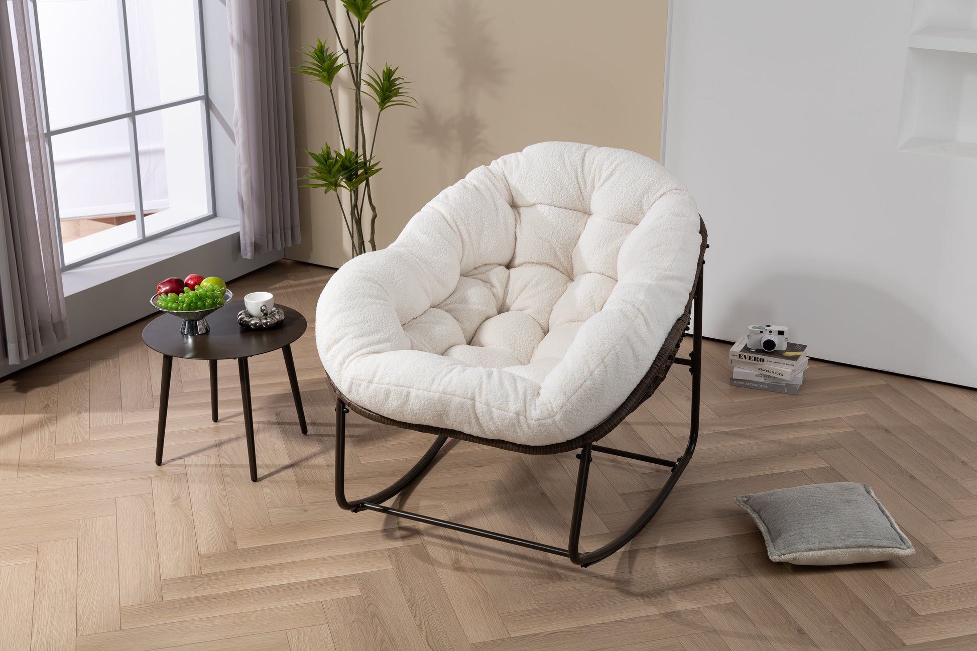 Outdoor Rattan Rocking Chair,Padded Cushion Rocker Recliner Chair Outdoor for Front Porch, Living Room, Patio, Garden, White image 5