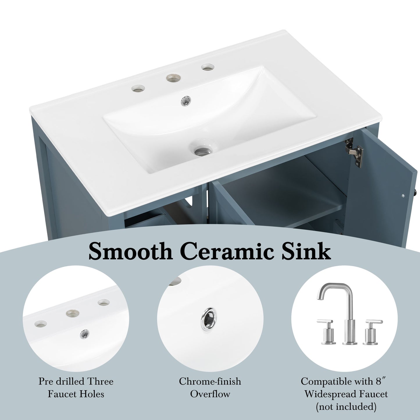 30" Bathroom Vanity with Sink Top, Bathroom Vanity Cabinet with Two Doors and Two Drawers, Solid Wood, Open shelf, MDF Boards, One Package, Blue Gray image 10
