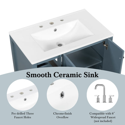 30" Bathroom Vanity with Sink Top, Bathroom Vanity Cabinet with Two Doors and Two Drawers, Solid Wood, Open shelf, MDF Boards, One Package, Blue Gray image 10