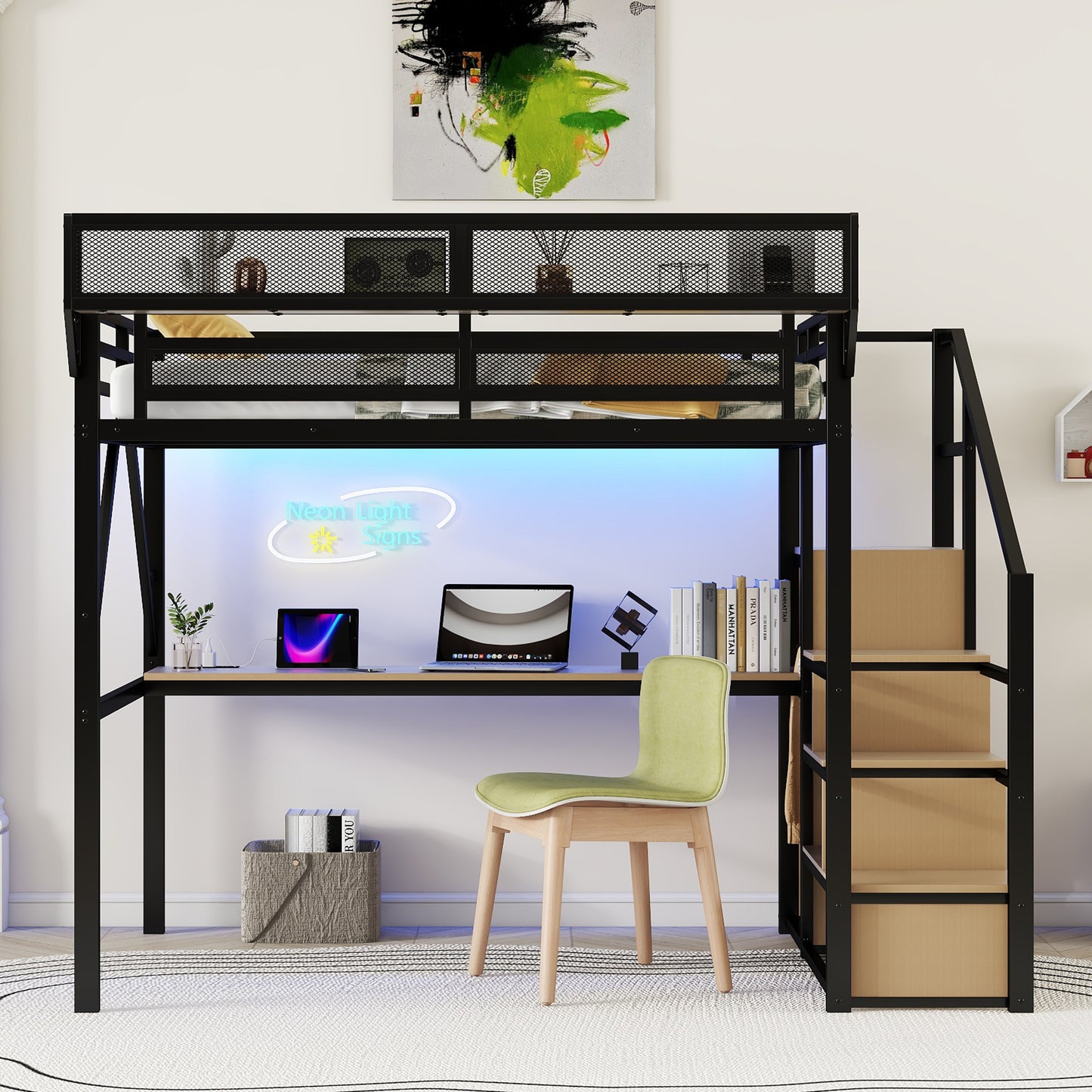Full Loft Bed with Desk and Charging Station, Full Size Metal Loft Bed with Stairs and Light for Kids Teens, Black, Patent Products image 2