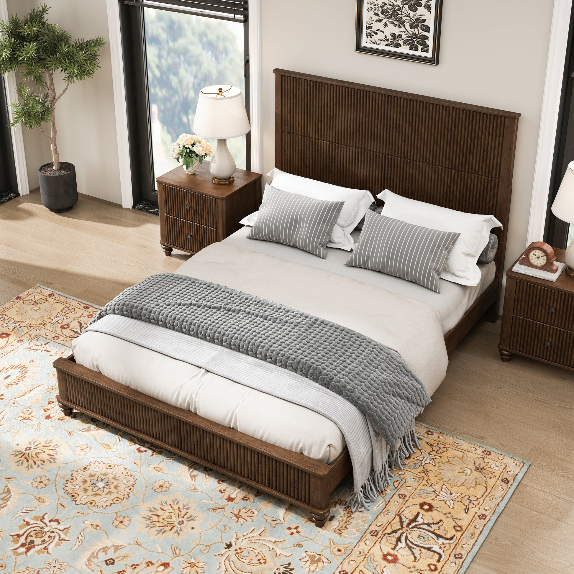 Solid Wood Bed Frame,Queen Platform Bed Frame with Headboard,Tall Headboard Natural Wood Bed,No Box Spring Needed,Walnut image 3