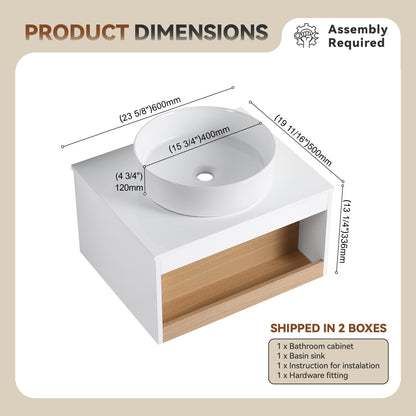 24" Floating Bathroom Vanity with Glossy White Round Vessel Sink, Wall-Mounted Vanity with Open Shelf Storage, White Finish with Durable Countertop, Space-Saving Modern Design (Ships in 2 Boxes) image 6