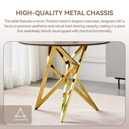 37Inch Round Dining Table, Small Round Kitchen Table With Golden Metal Legs, Suitable For 2 To 4 People, Modern Dining Room Table, Brown, Walnut Color. image 6