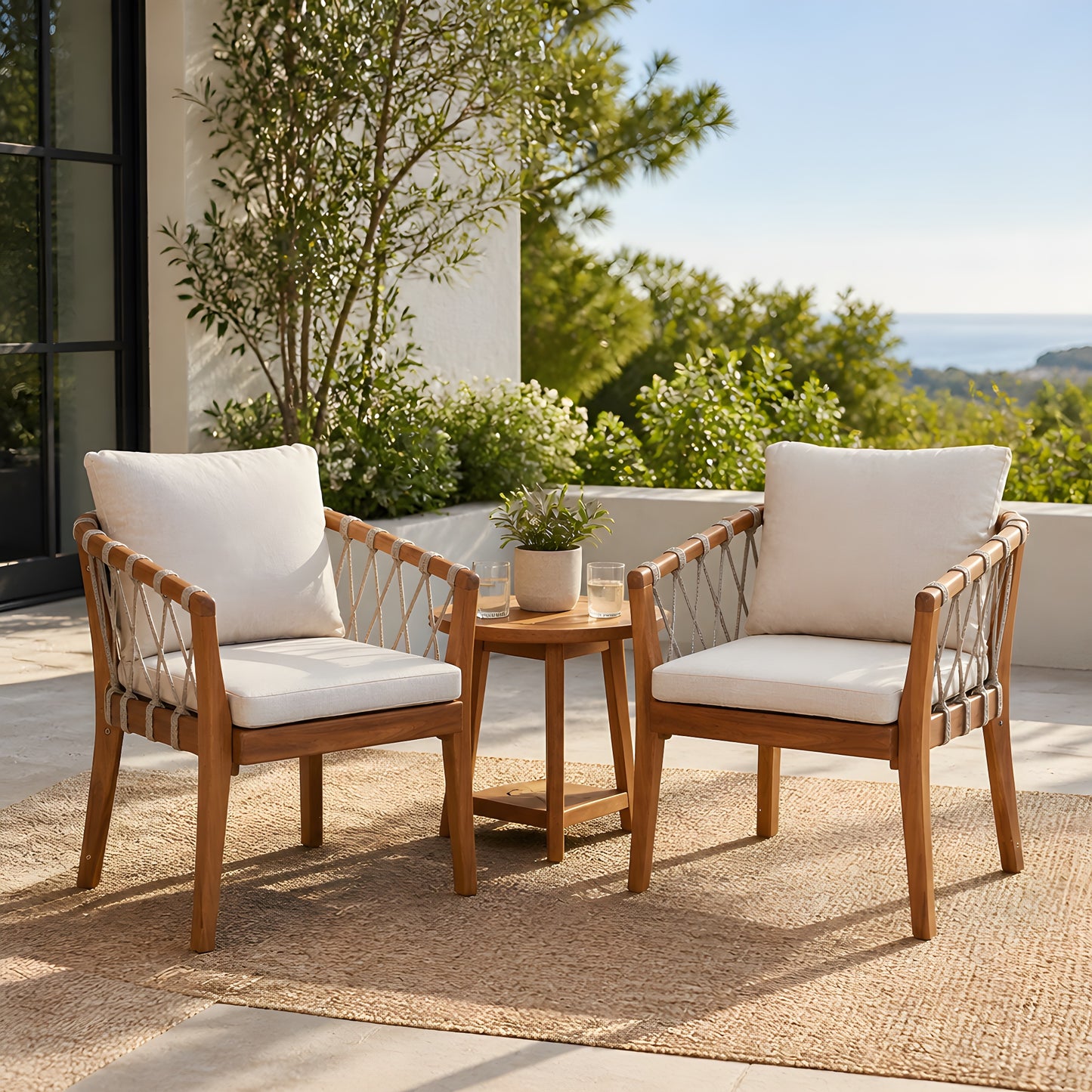 Outdoor Dining Chairs set for 2, Acacia Wood Frame with Teak Finish, Multi Brown Rope Weave, Water Repellent Beige Cushion, Patio Bistro Chairs for Backyard Garden Balcony image 1