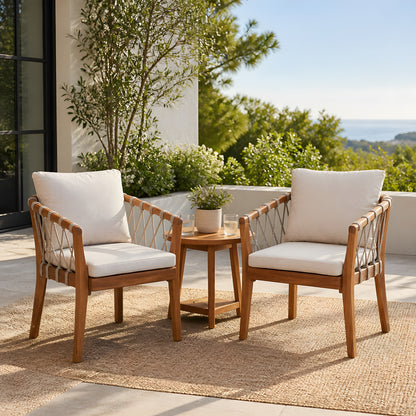 Outdoor Dining Chairs set for 2, Acacia Wood Frame with Teak Finish, Multi Brown Rope Weave, Water Repellent Beige Cushion, Patio Bistro Chairs for Backyard Garden Balcony image 1