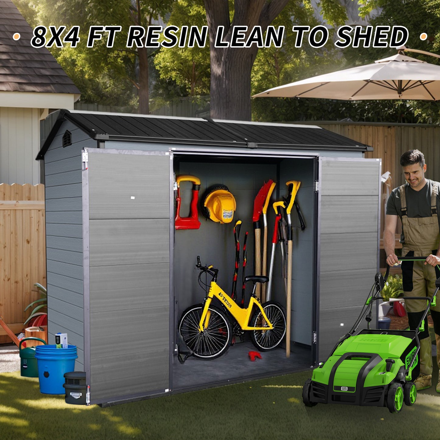 8x4ft Outdoor Resin Garden Shed with Floor and 2 Windows, Plastic Patio Outdoor Storage Shed with Lockable Door for Garden Tools, Bicycles, Trash Cans, Gray+Black image 4