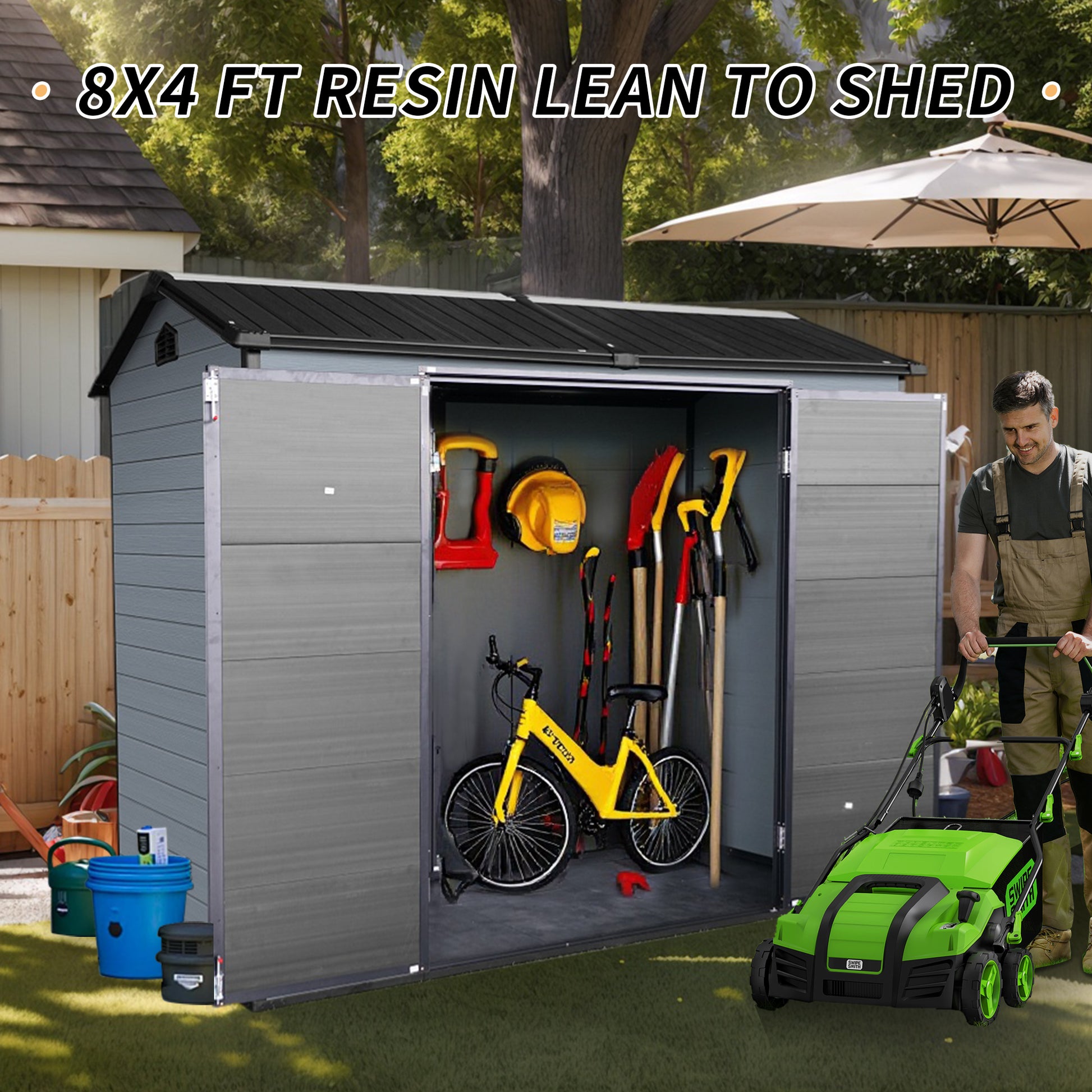 8x4ft Outdoor Resin Garden Shed with Floor and 2 Windows, Plastic Patio Outdoor Storage Shed with Lockable Door for Garden Tools, Bicycles, Trash Cans, Gray+Black image 4