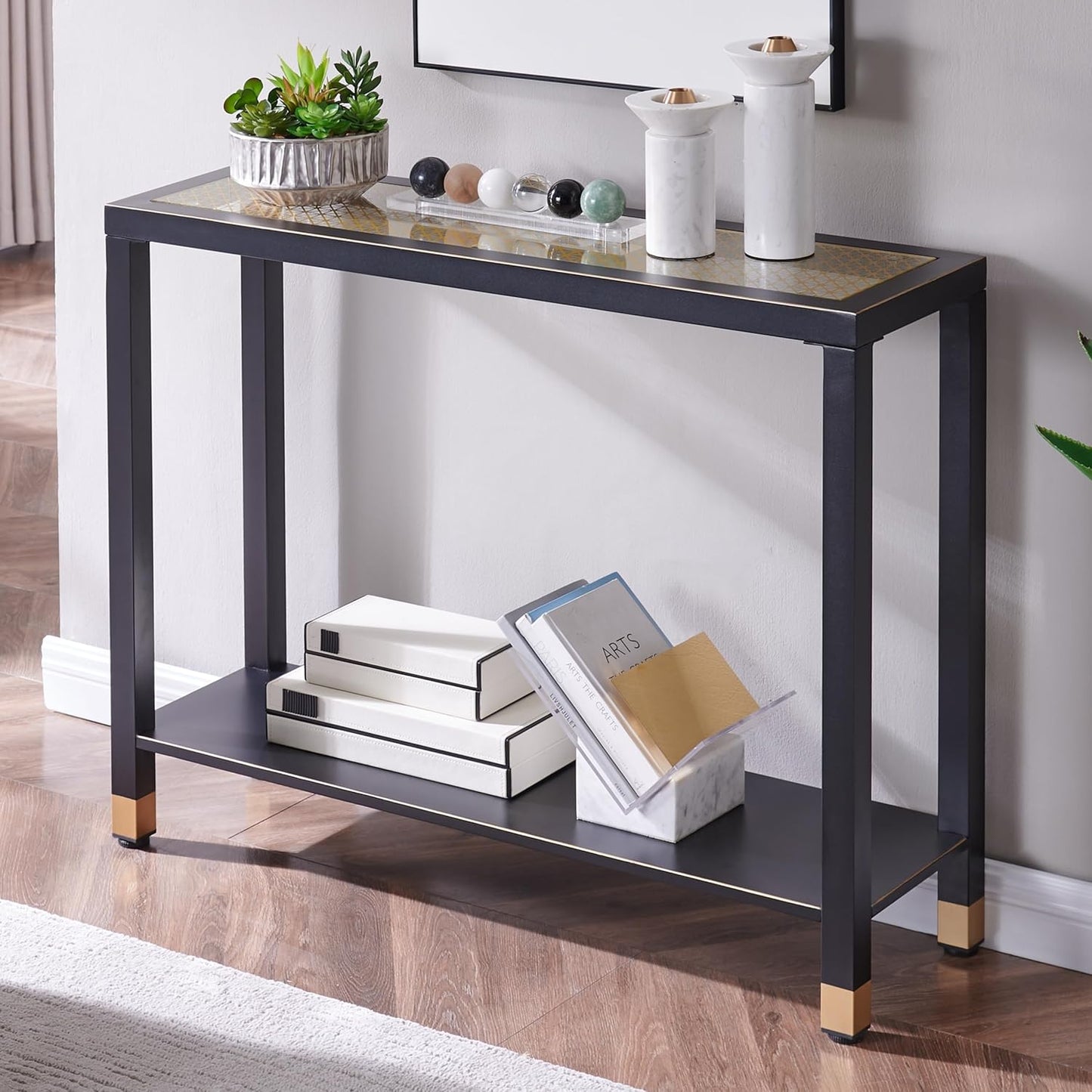 Glass Entryway Table, 2-Tier Entry Way Console Entrance Table, 41"L Narrow Sofa Table with Shelves, Ideal for Hallway, Entryway, Living Room, Foyer, Corridor, and Office (Gold & Black) image 1