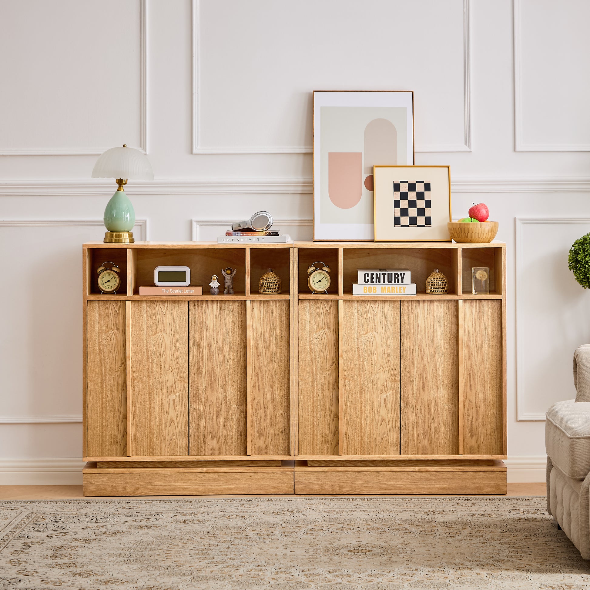 Sideboard Buffet Cabinet with Storage, Farmhouse Fluted Sideboard with 2 Doors & Adjustable Shelf, TV Media Console, Storage Cabinet for Entryway Hallway Kitchen Dining Living Room, Natural image 4