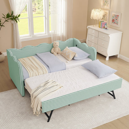 Cozy Gingham Daybed with Trundle Twin Size Sofa Bed No Box Spring Needed, with USB Port and Adorable Wave Shaped, Linen Fabric image 9