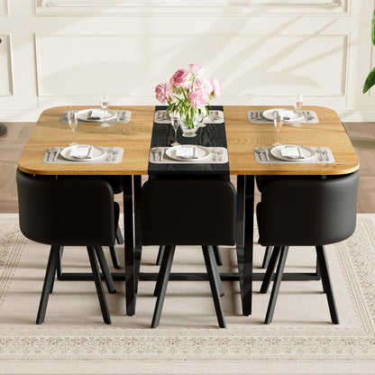 7-Piece Rectangular Dining Table Set, Fixed Two-Tone Wood Grain & Black Triamine Tabletop with 6 Black PU Leather Chairs, Modern Kitchen Table Set for 6 People, Ideal for Small Spaces, Apartment image 4