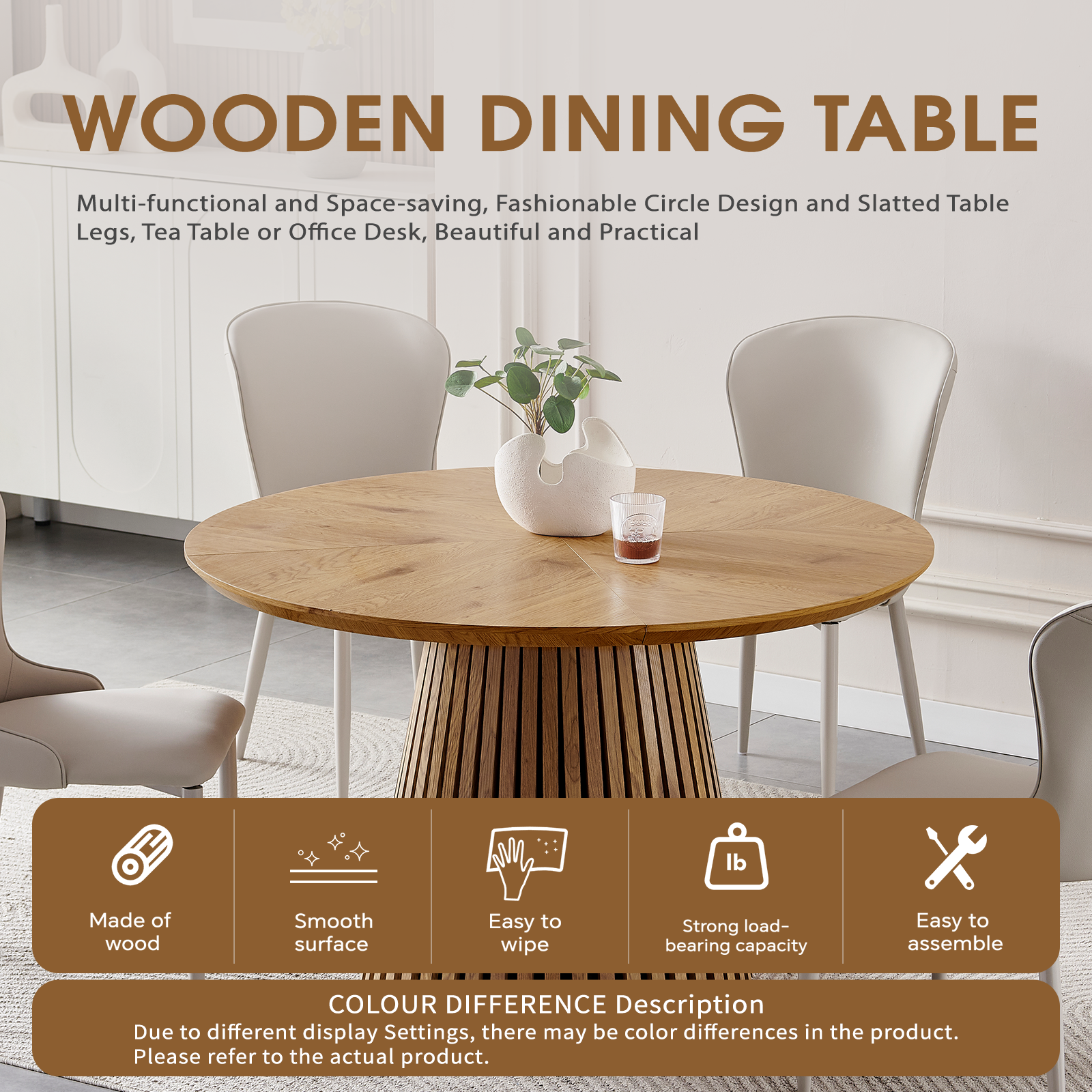 Wooden dining table, modern round kitchen dining table, fashionable design, suitable for family gatherings, multi-functional and space-saving, suitable for living room and dining room image 2