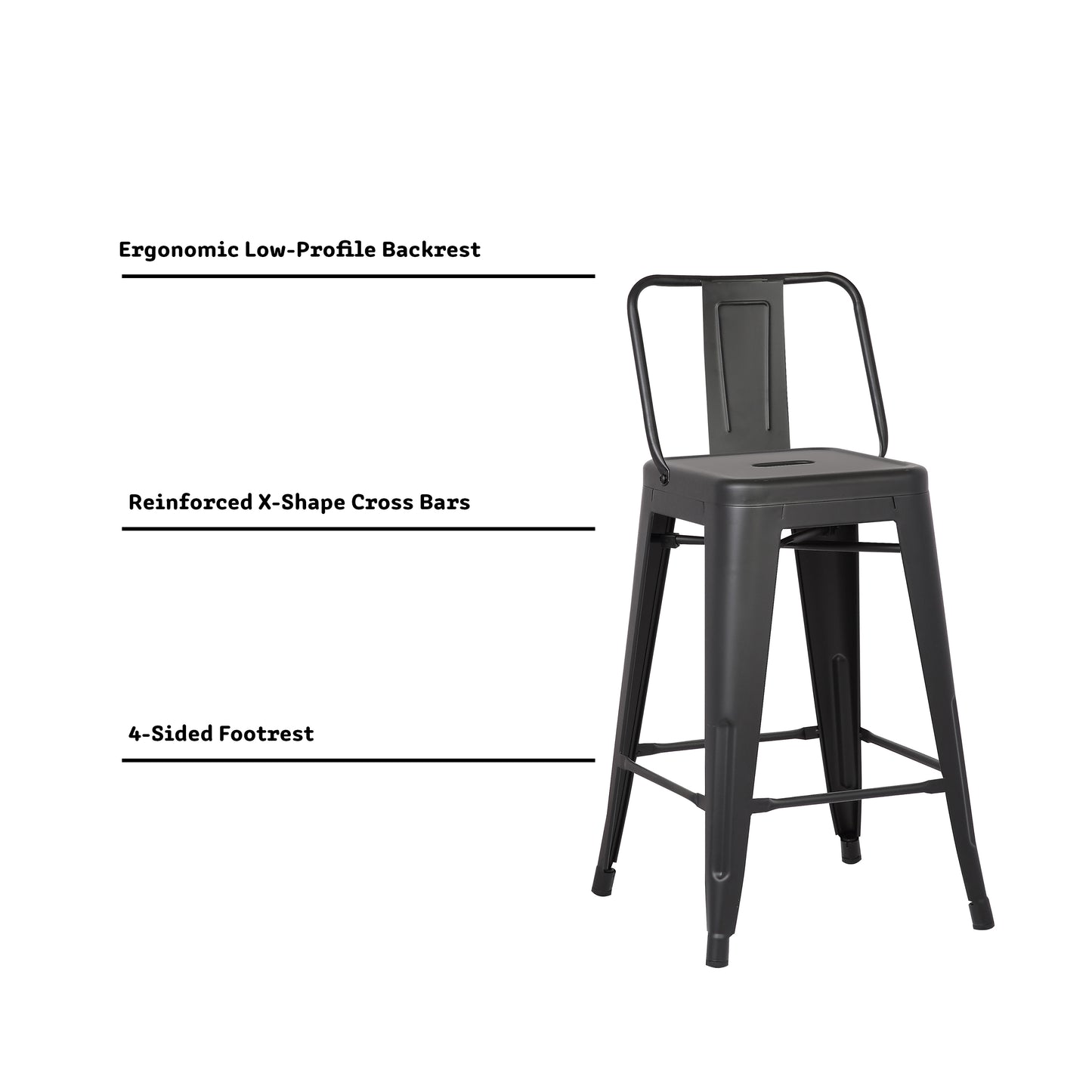 24"Metal Barstool,Country Rustic Style with Back, Kitchen Counter Bar Stool, Lightweight & Sturdy Build, Set of 4 -Matte Black image 8