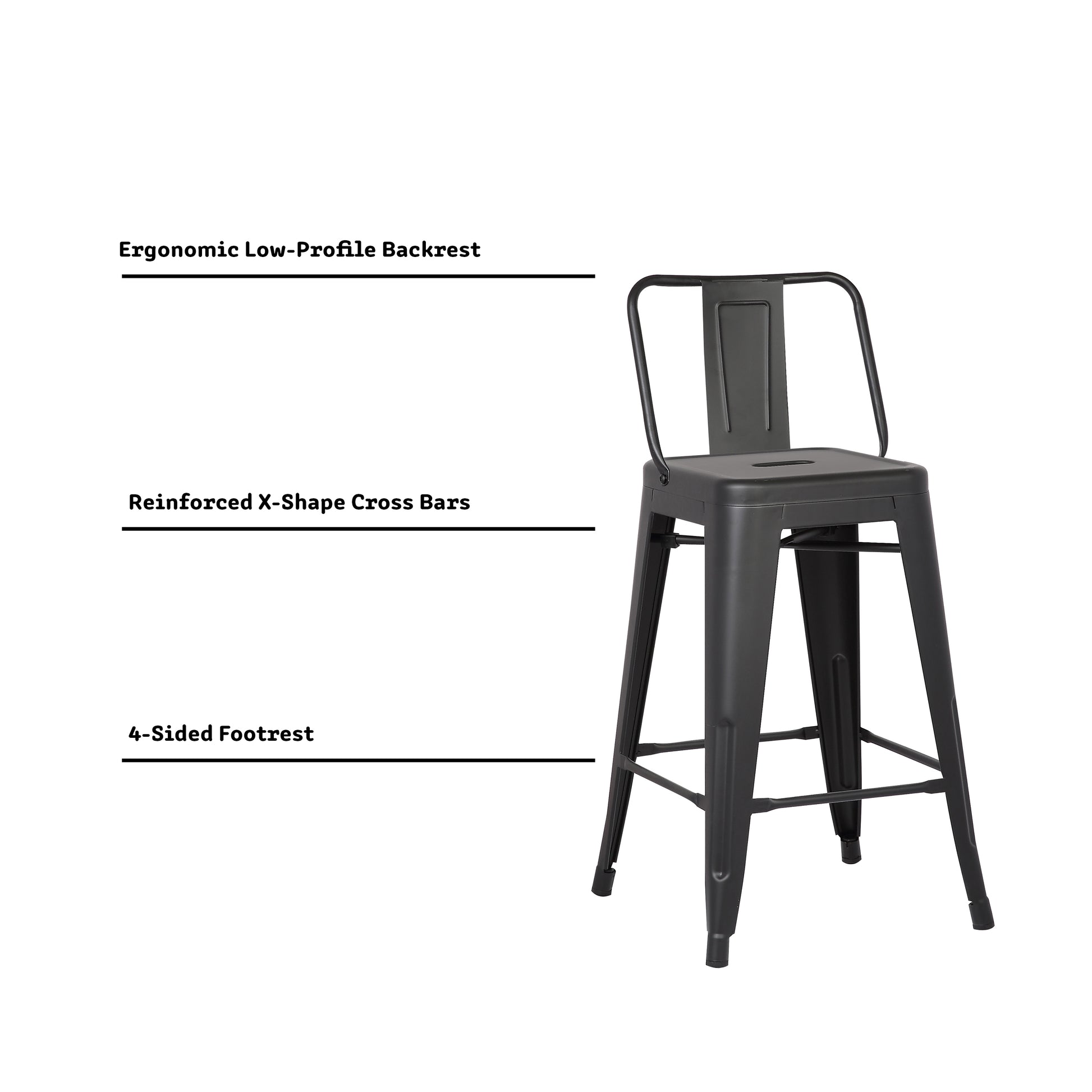 24"Metal Barstool,Country Rustic Style with Back, Kitchen Counter Bar Stool, Lightweight & Sturdy Build, Set of 4 -Matte Black image 8
