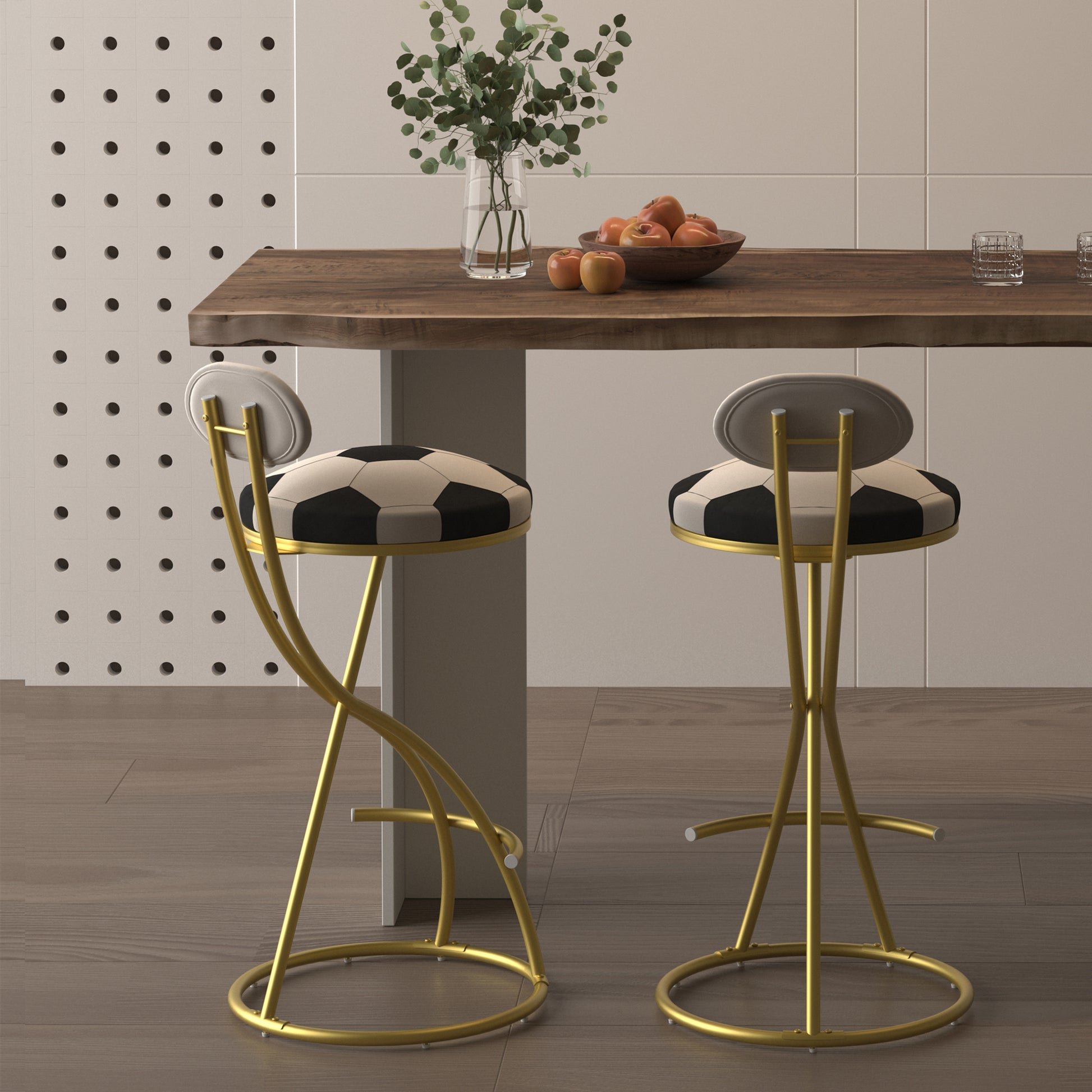 Football Print Bar Stools Set of 2 Upholstered Counter Height Barstool for Kitchen Island S-shaped Velvet Metal Dining Chairs (Gold Frame & Creamy White Back) image 2