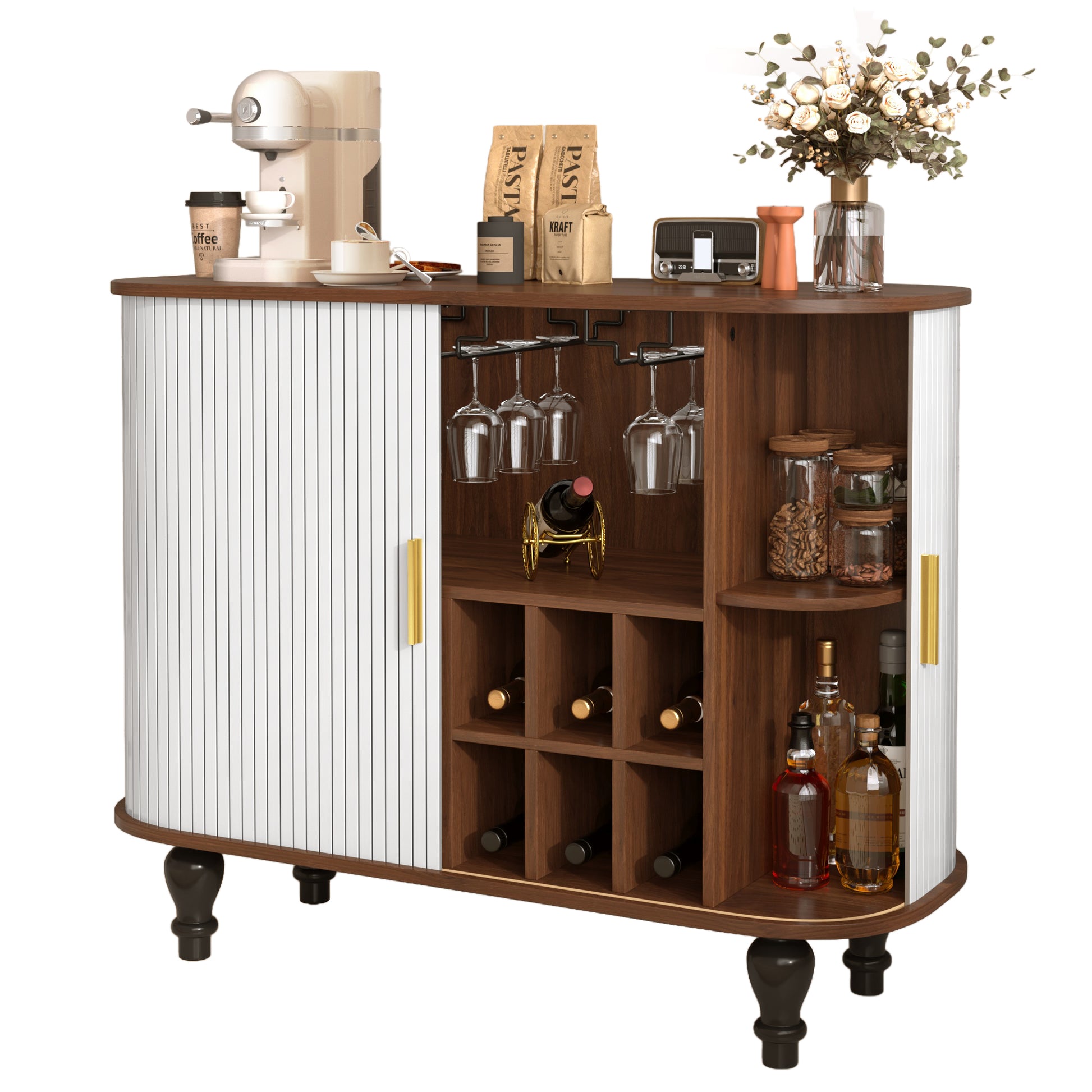 39" Fluted Liquor & Coffee Bar Cabinet with 6 Wine Racks and 3 Glass Holders, Mid-Century Modern Bar Cabinet with A Large Storage Drawer,4 Hidden Storage Space on the Side, White image 7