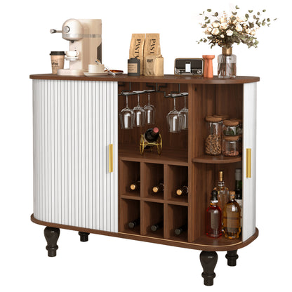 39" Fluted Liquor & Coffee Bar Cabinet with 6 Wine Racks and 3 Glass Holders, Mid-Century Modern Bar Cabinet with A Large Storage Drawer,4 Hidden Storage Space on the Side, White image 7