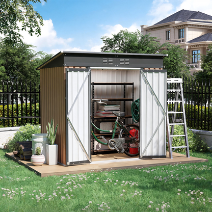 6x4 FT Metal Garden Shed with Hinge Door Pent Roof,Brown Storage Shed for Patio Backyard image 1