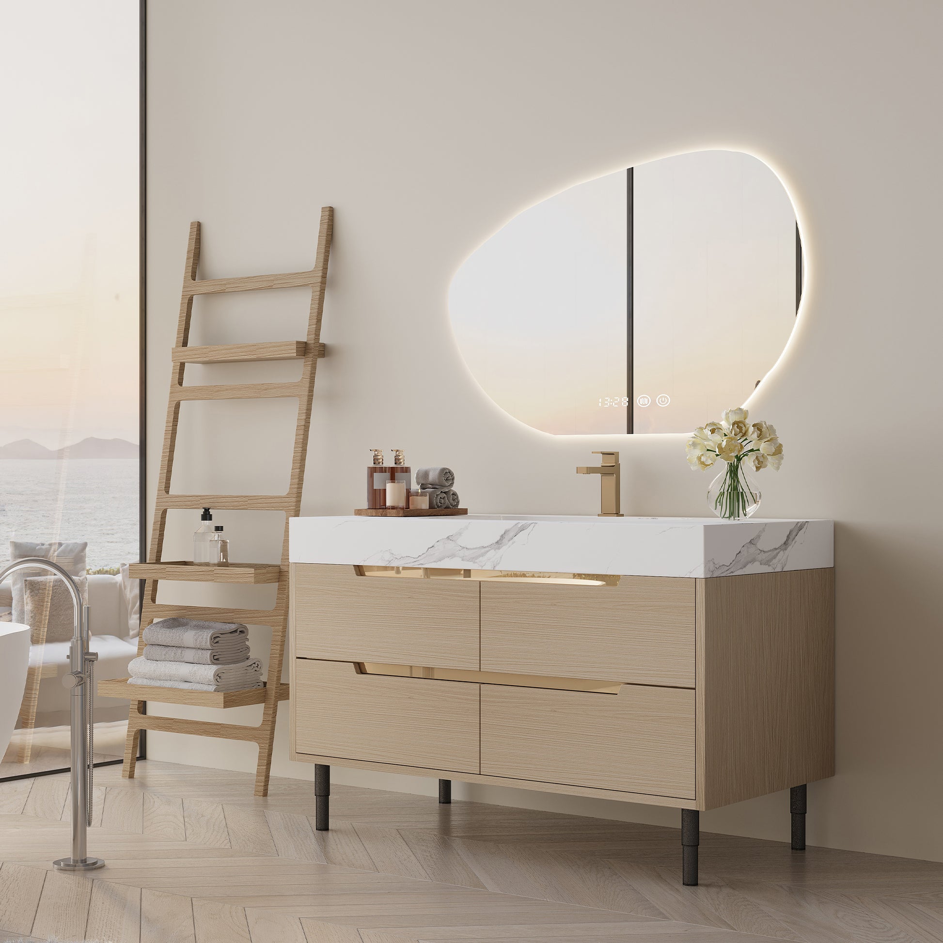 35.4" Modern Bathroom Vanity with Undermount Sink, Sintered Stone Top, Waterproof Multi-layer Solid Wood, 4 Drawers Storage, Free-standing/Wall-Mounted image 1