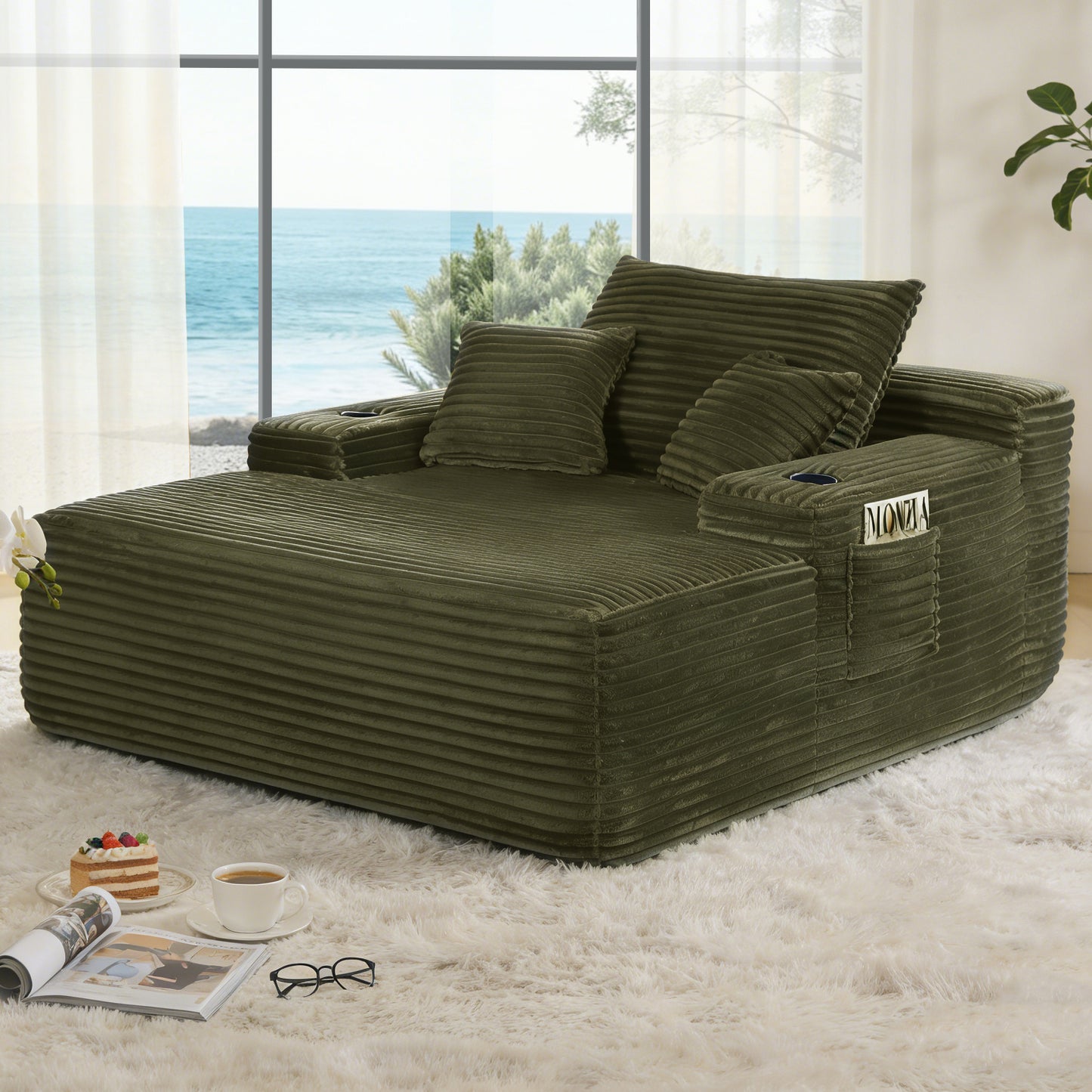 NEW Convertible Chaise Lounge Chair Plush with Wide Armrest & Throw Pillows, Cozy Boneless Sleeper Sofa Bed Armchair, with cup holder,for Living Room, Bedroom, No Assembly Required,Plush,Green image 4
