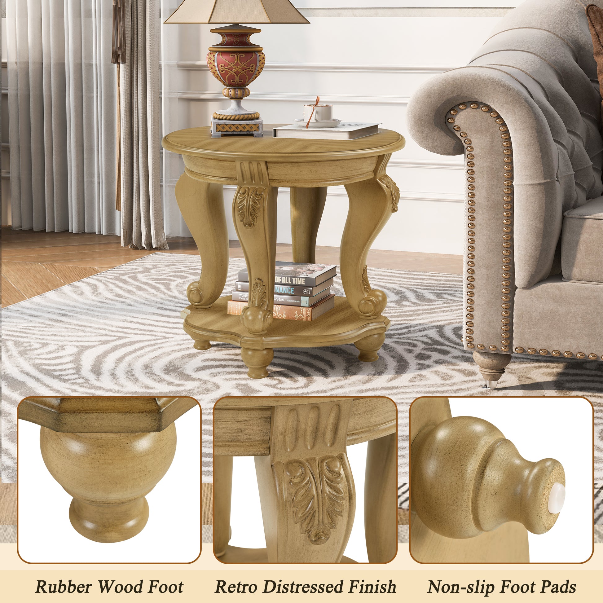 22'' Two Tone Round End Table,Solid Wood Sofa Side Table with Shelf,Living Room Corner Table Easy Assemble, Antique Natural image 5