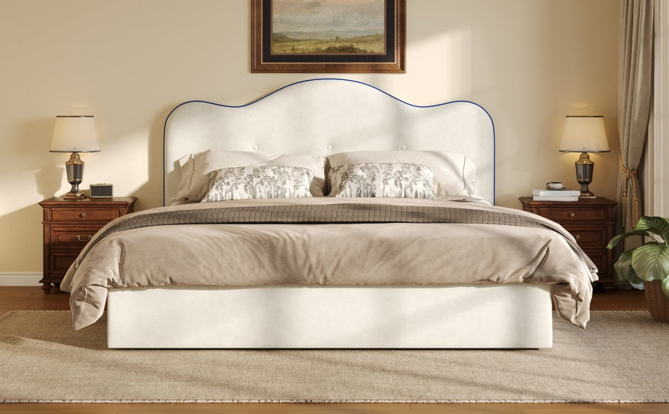 Queen Size Upholstered Platform Bed, Beige image 4