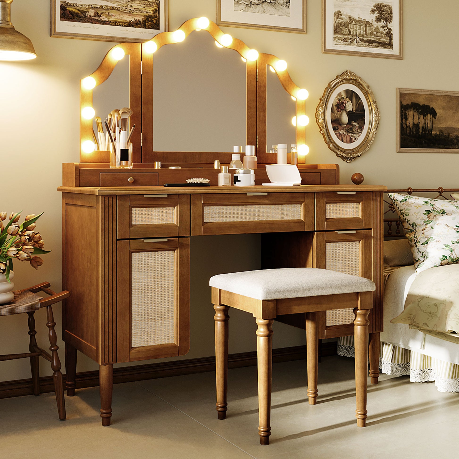 44.37" Makeup Vanity Desk with Stool Set, 13 Hollywood Bulbs & 3 Lighting Modes Dressing Table, Tri-Fold Mirror Large Vanity Table with Cushioned Stool, Charging Station, Ample Storage, Espresso image 2