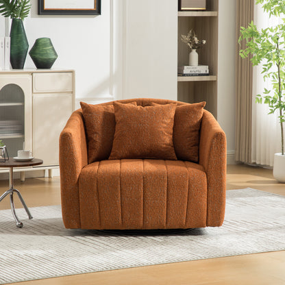 39"W Upholstered Oversized 360° Swivel Accent Barrel Chair and Half Cozy Sofa with 3 Pillows, Chenille Channel Tufted Pumpkin-Shape Club Armchair for Living Room, Bedroom, Office, Lounge,Orange image 2