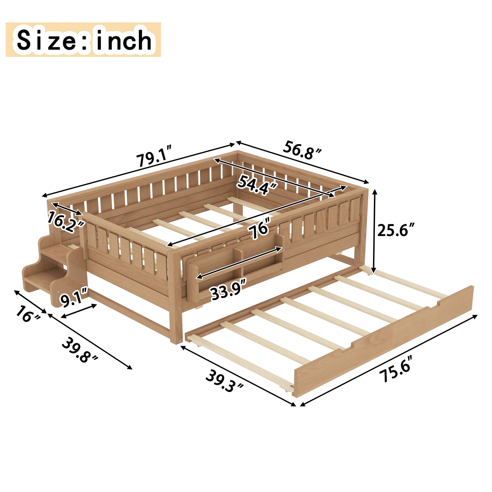 Full with built-in bookshelves and small staircase, high-quality safety rails, and Trundle,Natural image 8