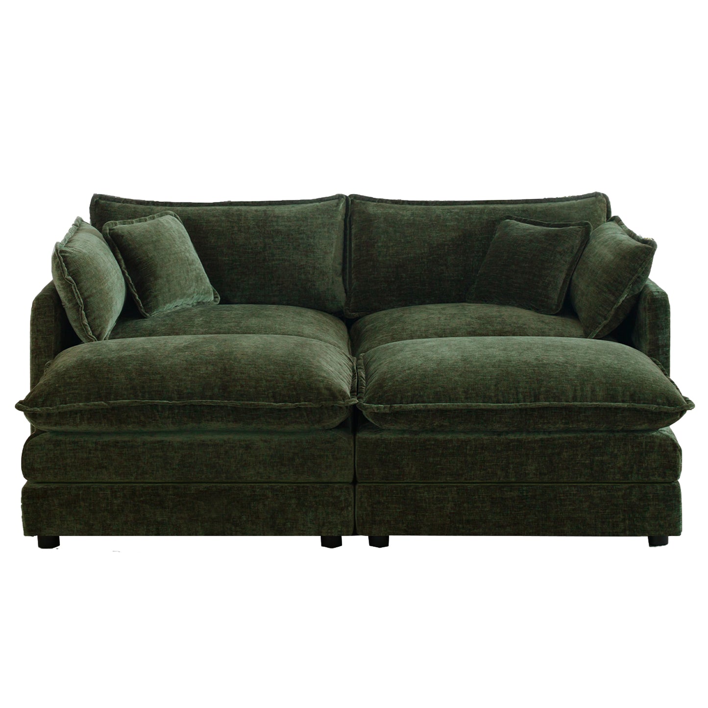 4 - Piece Upholstered Sectional Sofa, 1 - Piece of 2 Seater Sofa and 2- Piece of Ottomans, 2 Seater Loveseat Lounge with Ottomans, Green Chenille image 2