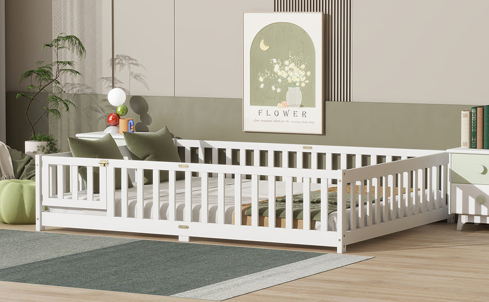Queen Size Floor Bed with Fence,Door,Rubber Wood Floor Bed with Safety Guardrails,White image 6
