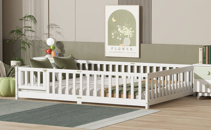 Queen Size Floor Bed with Fence,Door,Rubber Wood Floor Bed with Safety Guardrails,White image 6