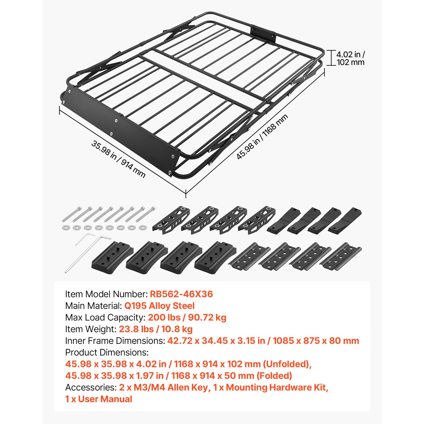 Roof Rack Cargo Basket, 46 x 36 x 4 in, Heavy Duty Roof Top Carrier Basket with Folding Design, 200 lbs Capacity, All-Weather Easy-Install Car Top Luggage Holder, Universal Fit for SUV Truck Car image 7
