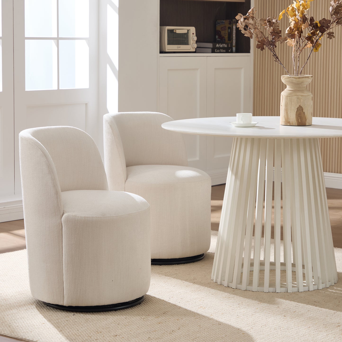 Set Of 1 Upholstered Kitchen & Dining Room Barrel Chair, Mid Century Modern Round Linen Dining Chair, 360 Degree Swivel Comfy Armless Accent Makeup Vanity Side Chair for Bedroom Living Room image 9