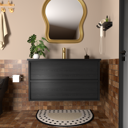 30 Inch Bathroom Vanity Cabinet With Ceramic Sink - Gray Wall Mounted Floating Fluted Vanity With Drawers, Modern image 1