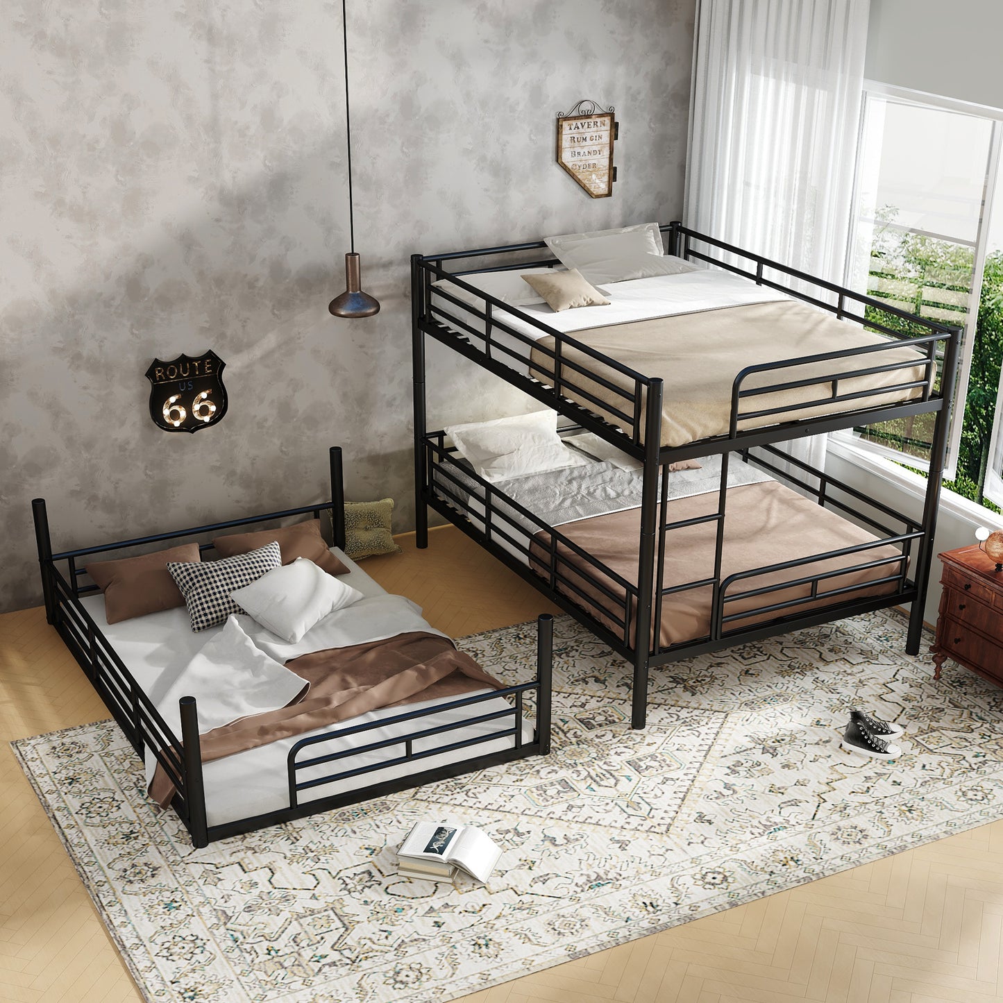 Full over Full over Full Bunk Bed, Metal Triple Bunk Bed with Safety Guardrails, Heavy-duty Bunk Bed with Noise-reduced Design, Black image 3