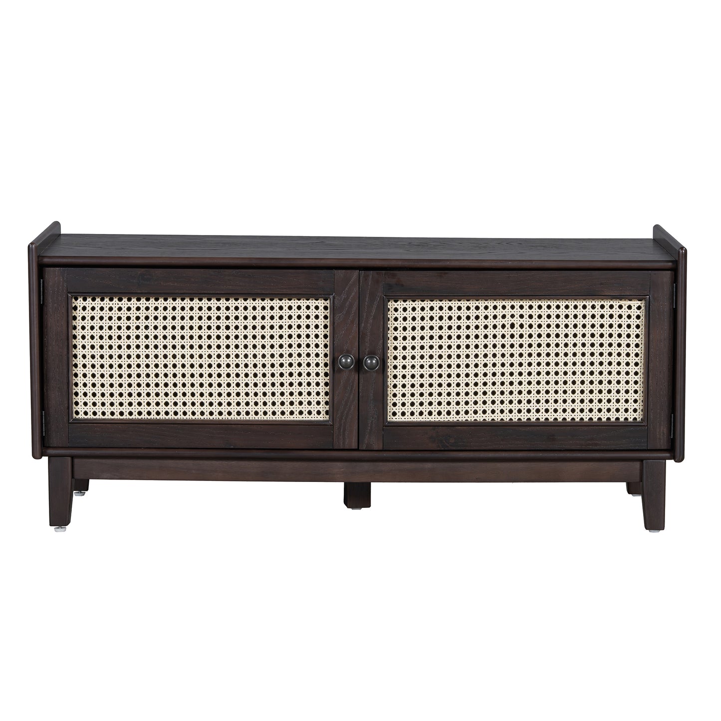 TREXM Boho Rattan Entryway Bench with Storage, Cushioned Shoe Bench with Double Doors, Wooden Shoe Organizer Bench for Entryway and Hallway (Espresso+Beige) image 6