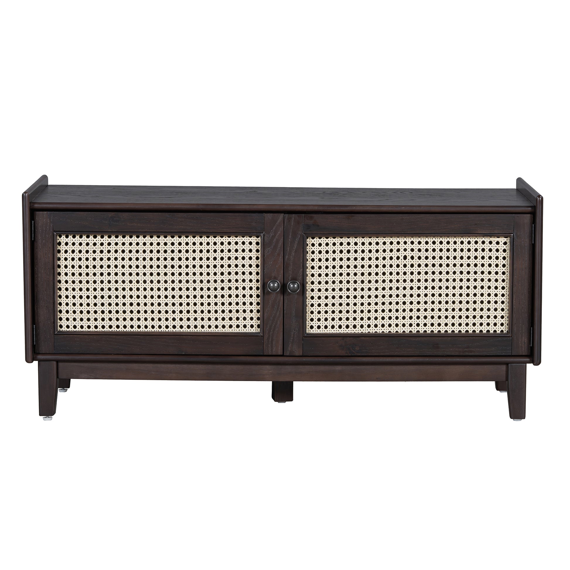 TREXM Boho Rattan Entryway Bench with Storage, Cushioned Shoe Bench with Double Doors, Wooden Shoe Organizer Bench for Entryway and Hallway (Espresso+Beige) image 6